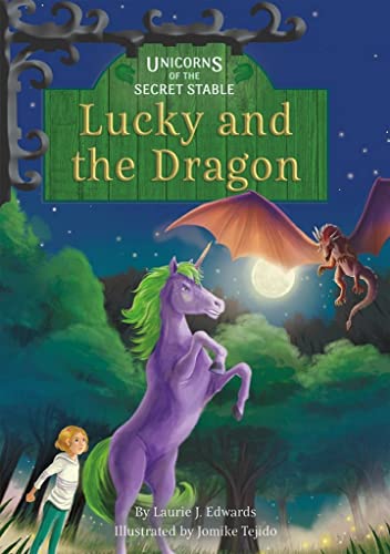 Book cover: purple unicorn and red dragon under a full moon.
