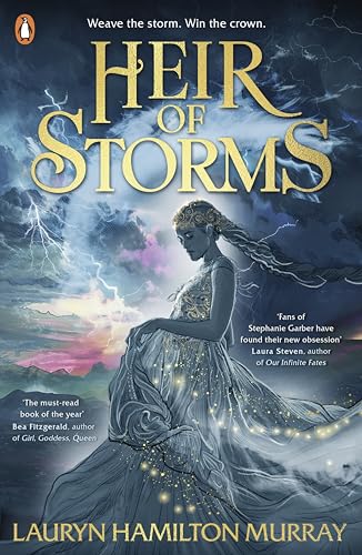 A woman in a flowing gown stands before a stormy sky with lightning.