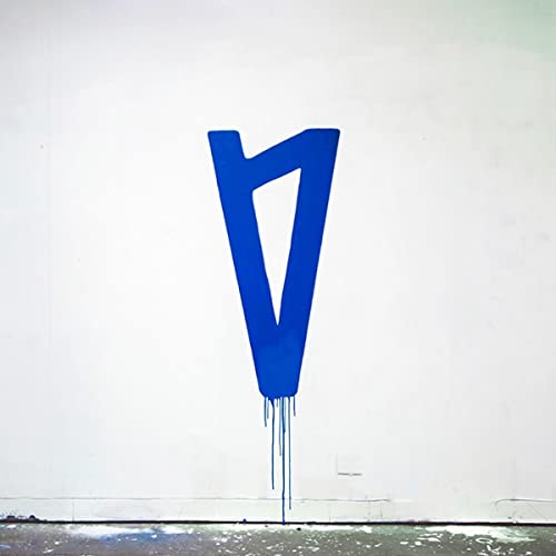 Blue, dripping letter "V" on a white background, Lauv album cover.