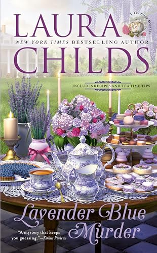 Book cover: “Lavender Blue Murder” with flowers, teacups, and candles.