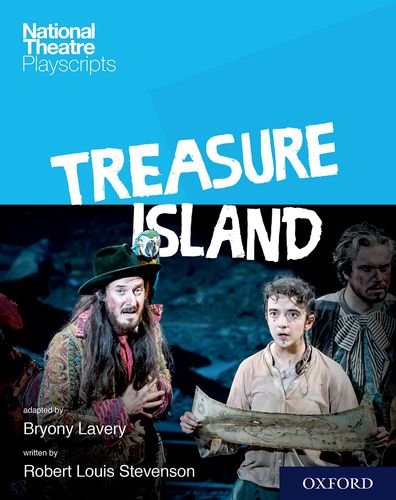 "Book cover featuring three actors, with 'Treasure Island' title on blue and black background."
