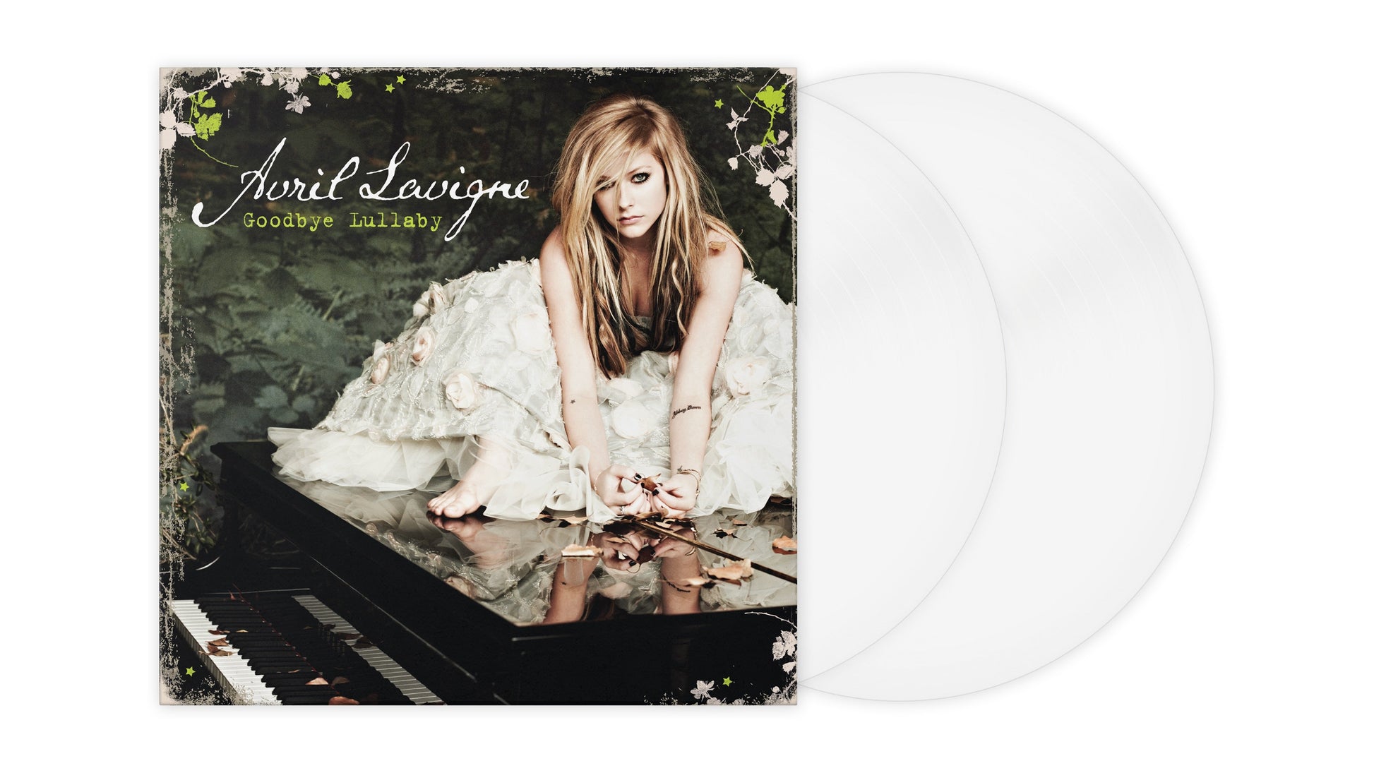 Avril Lavigne sitting on a piano on the Goodbye Lullaby album cover with vinyl records.