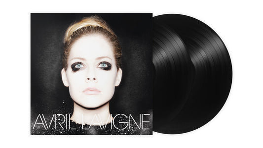 Avril Lavigne self-titled vinyl record cover featuring a portrait next to two black discs.