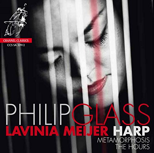 CD cover: woman’s face with red text “Philip Glass” and harp image.