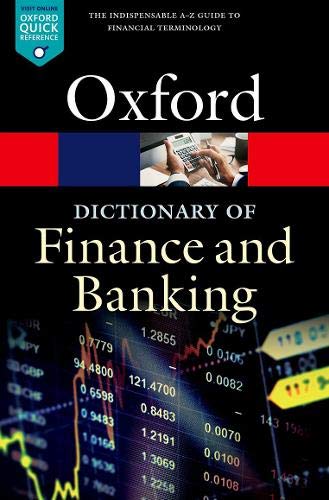 Oxford Dictionary of Finance and Banking book cover with financial graphics.