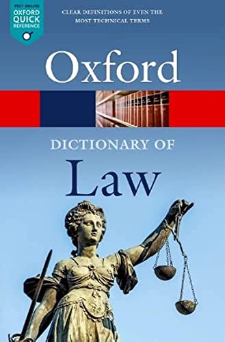 Book cover for A Dictionary of Law featuring a statue of Lady Justice.
