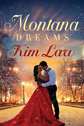Romance novel cover with a couple embracing in a snowy, lit town.