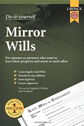 Cover of "Mirror Wills" DIY kit with quill pen and legal document.