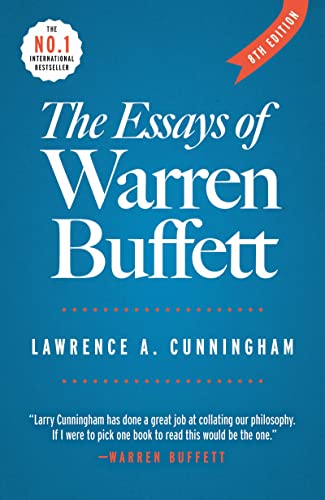 Book cover: "The Essays of Warren Buffett," 8th edition, blue background.