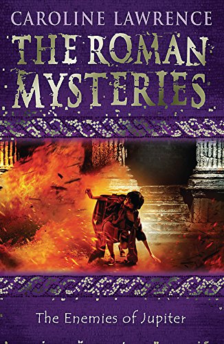 Book cover: "The Enemies of Jupiter" depicts a boy fleeing a burning Roman city.
