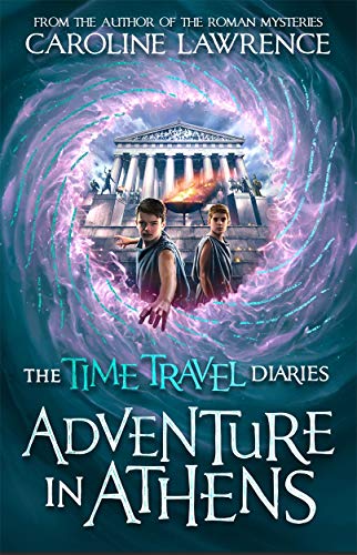 Two boys stand before an ancient Greek temple framed by a swirling purple portal.