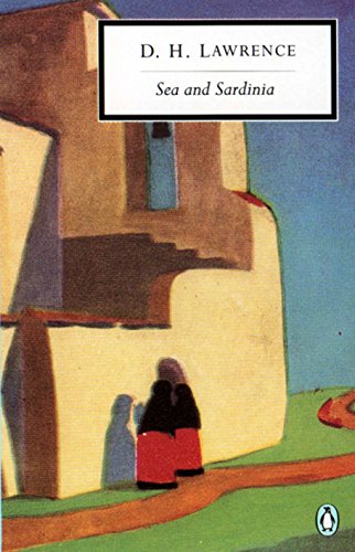 Book cover for Sea and Sardinia by D. H. Lawrence featuring stylized figures near buildings.