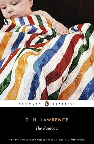 Book cover of "The Rainbow" by D.H. Lawrence, featuring a baby wrapped in stripes.