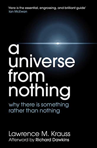 Book cover: "A Universe from Nothing" by Lawrence M. Krauss, with nebula image.