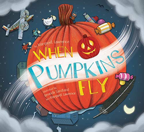 Book cover: large pumpkin with jack-o'-lantern face, airplane, and candy.