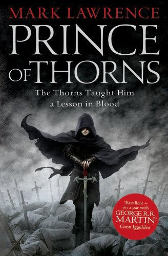 Book cover: hooded figure with sword standing in a desolate graveyard.