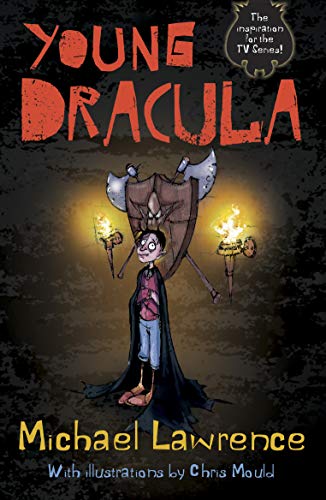 Book cover showing a young vampire boy standing before a shield and two torches.