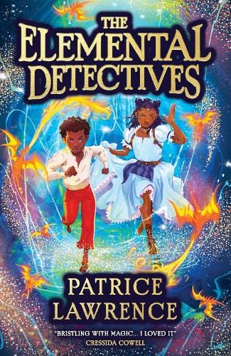 Book cover featuring two young detectives with elemental fire and water.