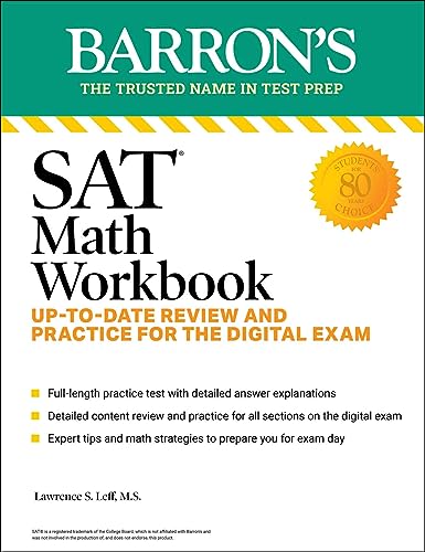 Barron's SAT Math Workbook cover with text detailing digital exam review and practice.