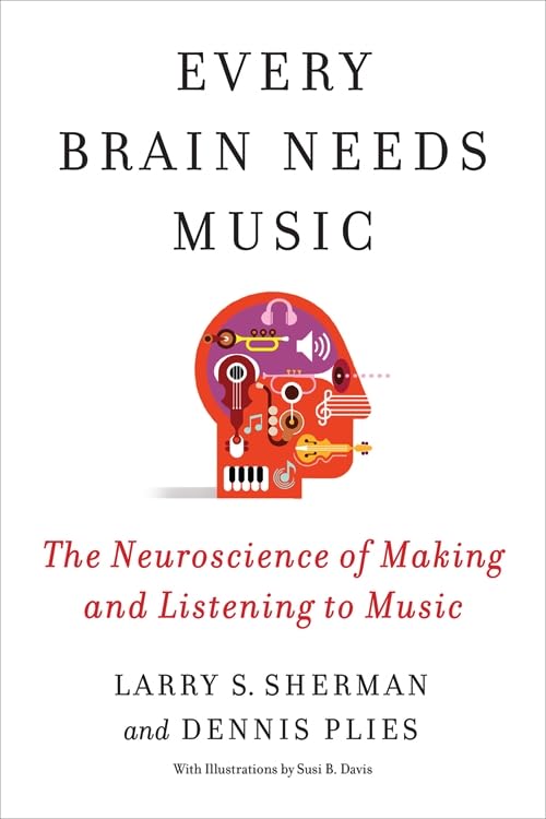 Book cover titled Every Brain Needs Music with a stylized head filled with musical instruments.