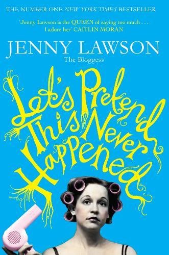 Book cover with a woman in hair rollers holding a pink hairdryer against blue.