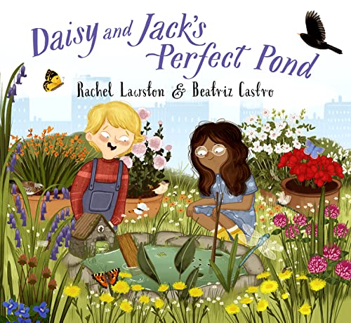 A boy and girl look into a small garden pond surrounded by flowers and butterflies.