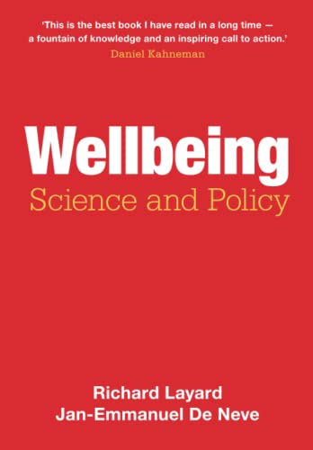 Red book cover with white text: "Wellbeing: Science and Policy" by Layard & De Neve.