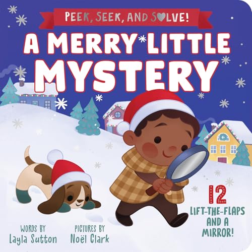 Children’s book cover, “A Merry Little Mystery,” with a boy, dog, and snow scene.