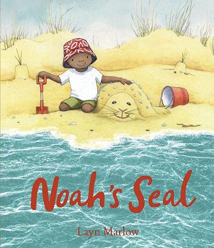 Boy building a sand seal on a beach, book cover illustration.