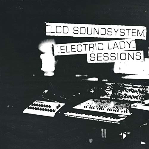 "Black and white image of a synthesizer with 'LCD Soundsystem Electric Lady Sessions' text."