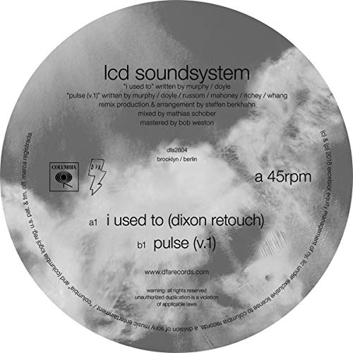 Circular vinyl record label for LCD Soundsystem with cloud imagery and track information.