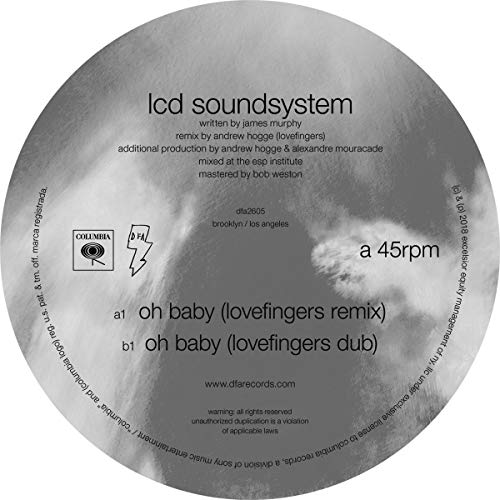 Silver vinyl record label for LCD Soundsystem’s “Oh Baby” Lovefingers Remixes.