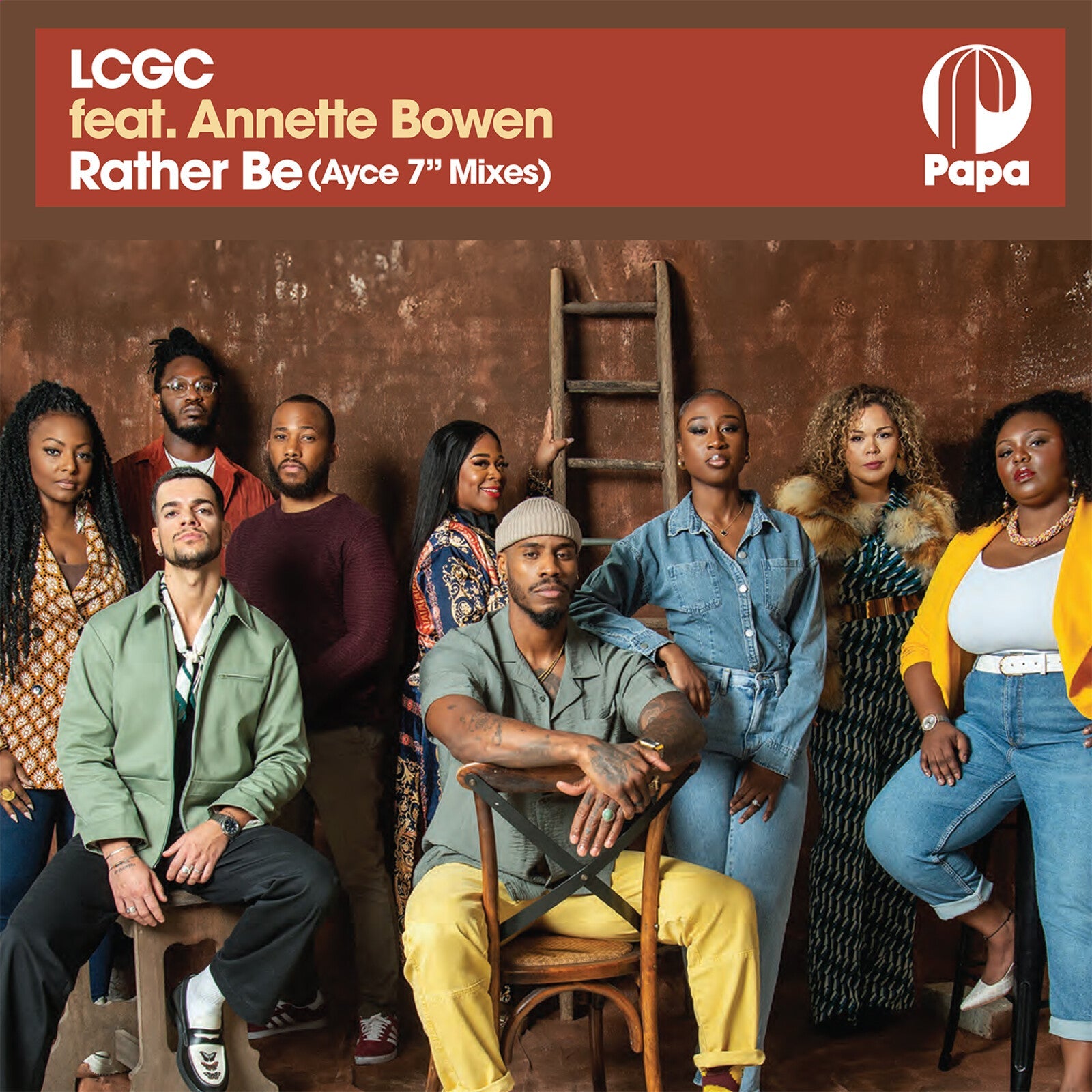 Record cover featuring a group of people posing in casual clothing.