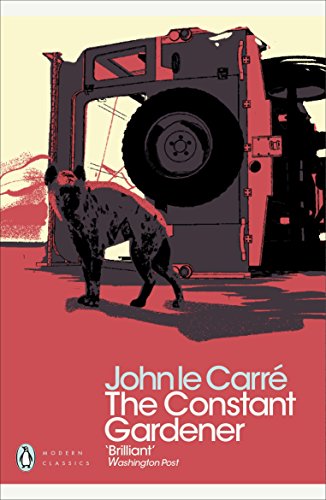 The image depicts a book cover with a red-toned illustration of a hyena beside a vehicle.