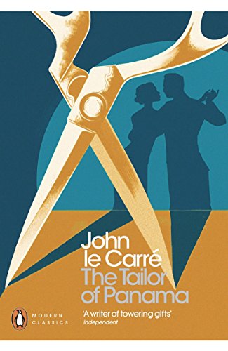 Book cover: gold scissors, silhouettes, and text for "The Tailor of Panama.