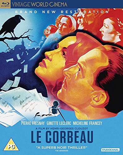 Blu-ray cover for "Le Corbeau" featuring a raven, faces, and falling papers.