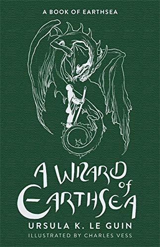 Book cover with a white line drawing of a dragon and wizard on green.