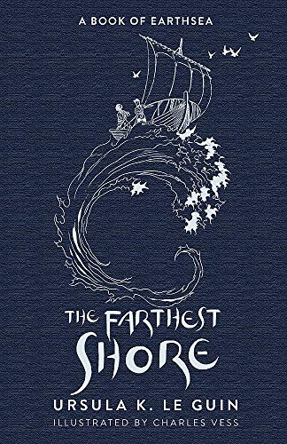 Book cover: dark blue with white illustration of a ship and waves.