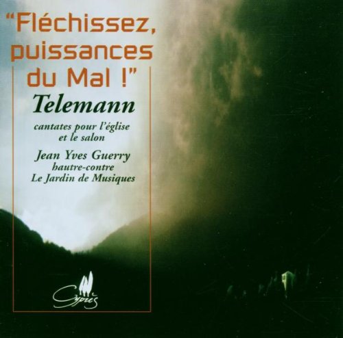 "CD cover with misty landscape and French text, featuring 'Telemann' in green."