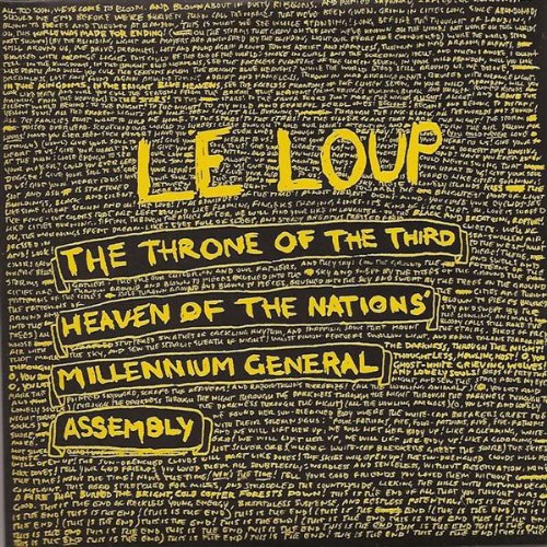 CD cover for Le Loup’s “The Throne Of The Third Heaven,” text-filled background.