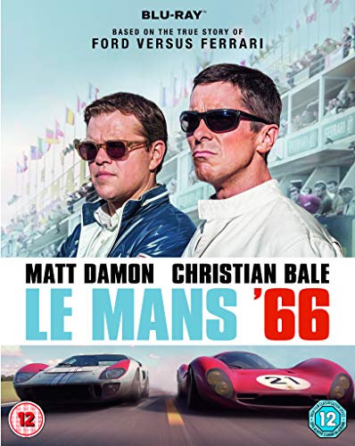 Matt Damon and Christian Bale stand before race cars on the Le Mans 66 cover.