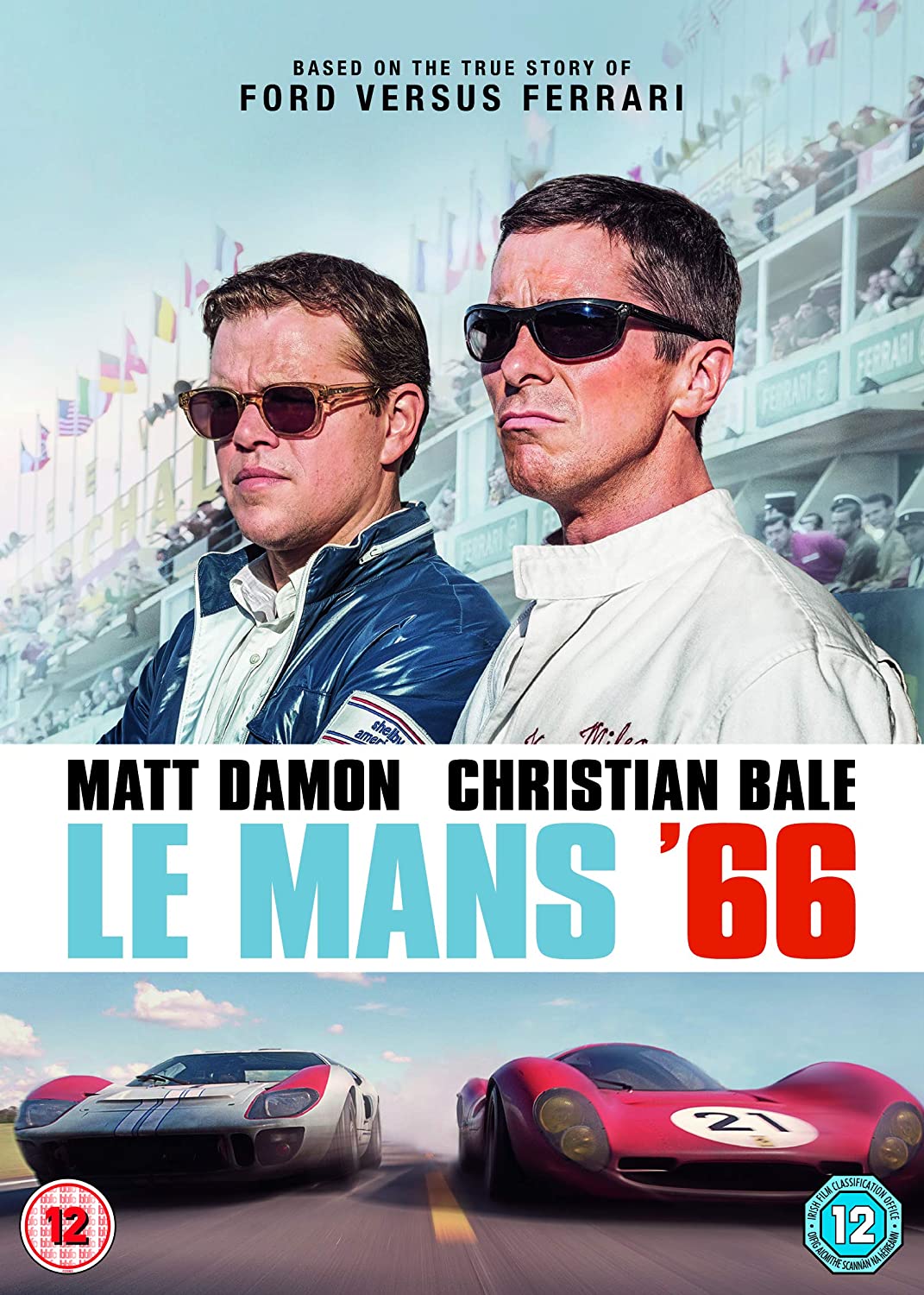 DVD cover for "Le Mans '66" featuring Matt Damon and Christian Bale with race cars.