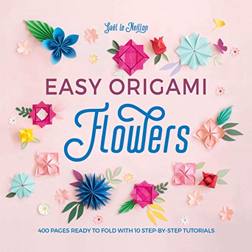 Book cover titled Easy Origami Flowers featuring colorful paper-folded flowers on a pink background.