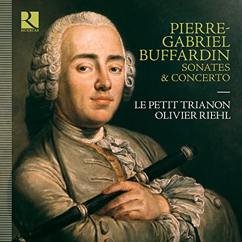 Portrait of Pierre-Gabriel Buffardin with flute, album cover for classical music.