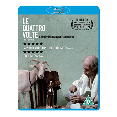 "Blu-ray case cover with a man and goat at a table."