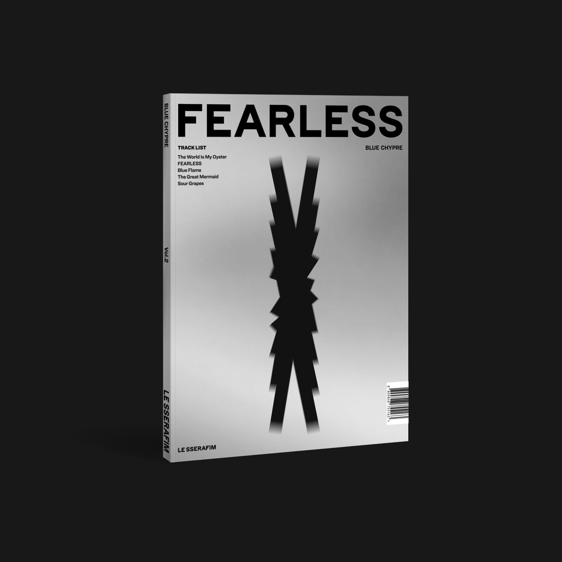 LE SSERAFIM’s “FEARLESS” album cover: black background, white text, and abstract design.