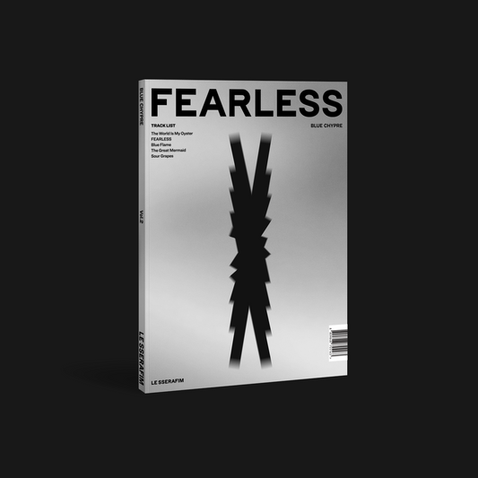 LE SSERAFIM’s “FEARLESS” album cover: black background, white text, and abstract design.