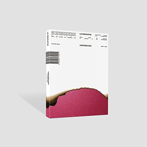 LE SSERAFIM “UNFORGIVEN” CD case with barcode and red abstract design.