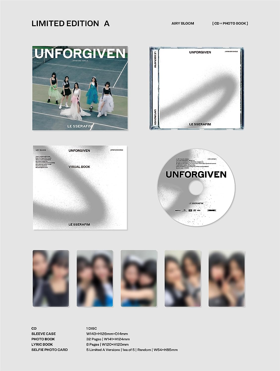 "LE SSERAFIM UNFORGIVEN CD, booklet, and photocard on a gray background."
