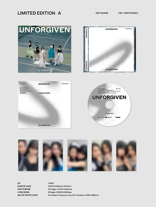 "LE SSERAFIM UNFORGIVEN CD, booklet, and photocard on a gray background."